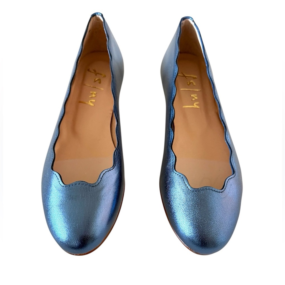 French Sole FS/NY Jigsaw Metallic Blue Leather Scalloped Ballet Flats - Picture 4 of 11